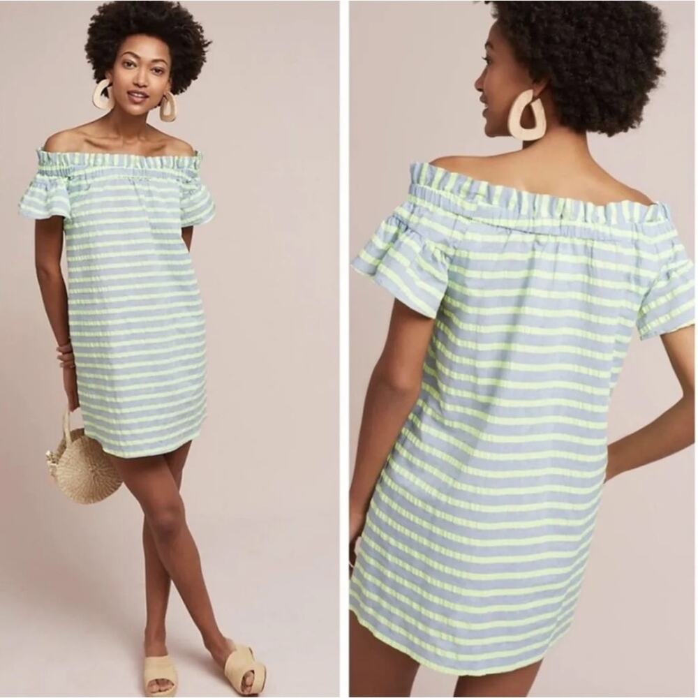 NWT Anthropologie Corey Lynn Calter Neon Seersucker Striped Off Shoulder Dress S